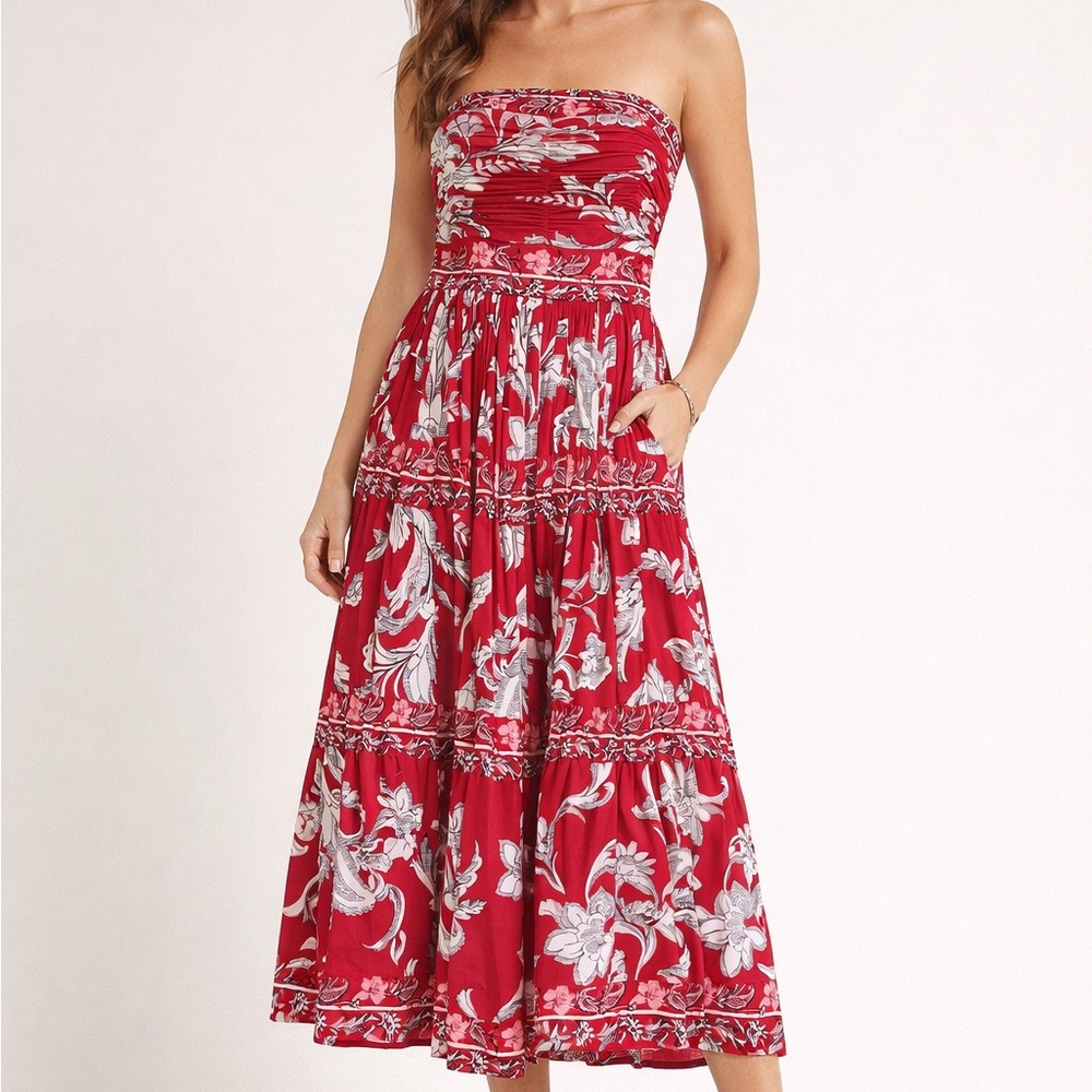 White House Black Market Wedding Guest Strapless Floral Mid Dress Sz 4 NEW w/Tag
